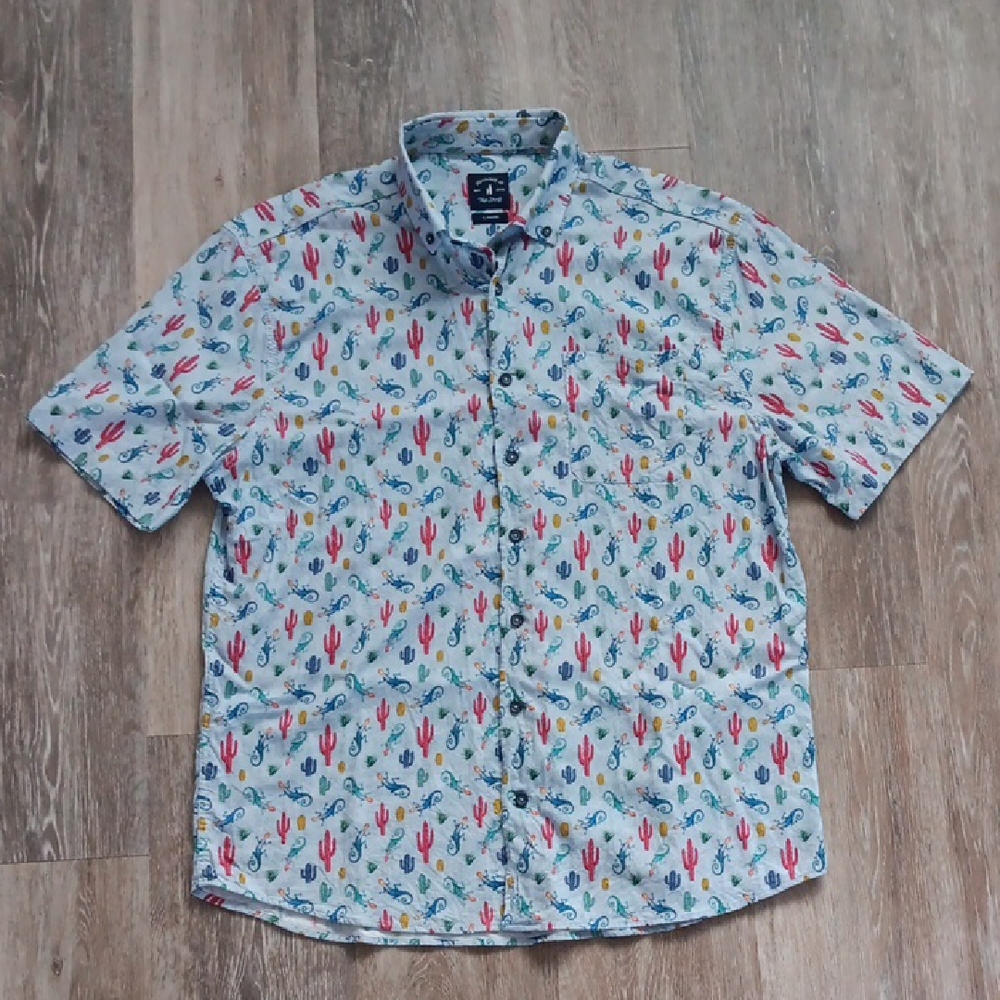 johnnie-O Top Shelf Button Down Short Sleeve Shirt Cactus Gecko Men's Large